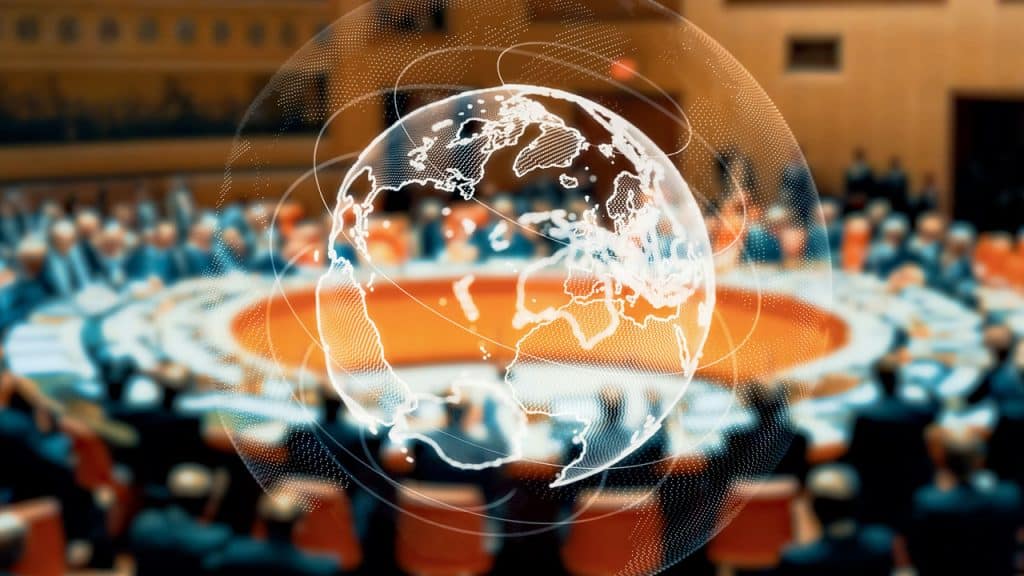 Líderes mundiais reunidos na Cúpula do G20, discutindo estratégias globais de sustentabilidade e economia circular. A imagem simboliza a cooperação internacional e o compromisso com políticas ambientais e práticas de reciclagem, promovendo um futuro sustentável e soluções eficazes para a gestão de resíduos.